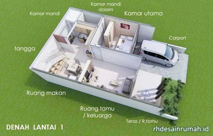 denah 3d rumah modern 7x12 2 lantai