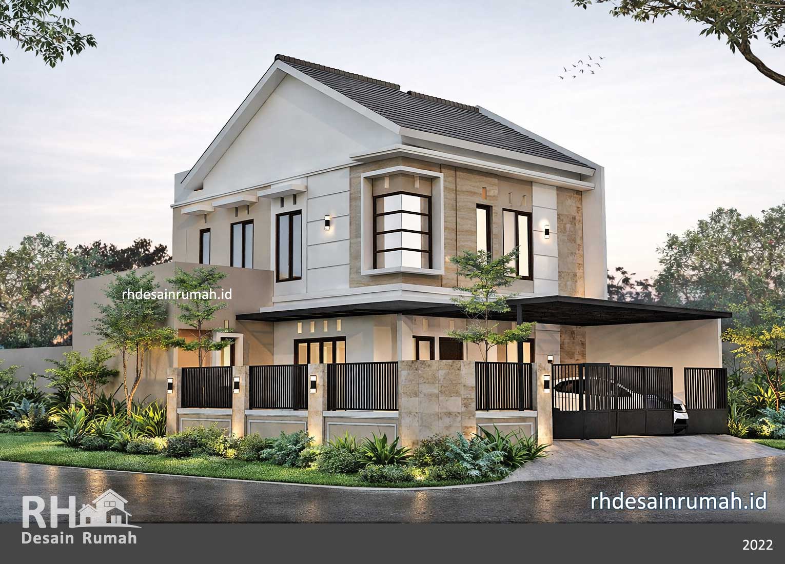 desain fasad rumah mewah hook aksen dinding granit