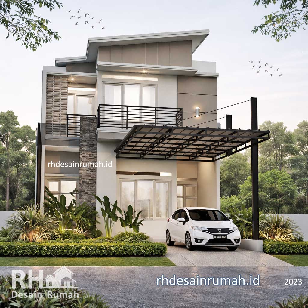 desain rumah 2 lantai atap miring warna abu-abu