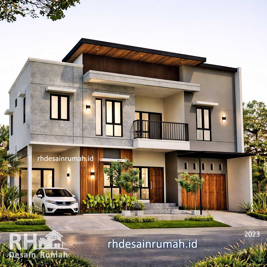 desain rumah industrial 2 lantai warna abu-abu