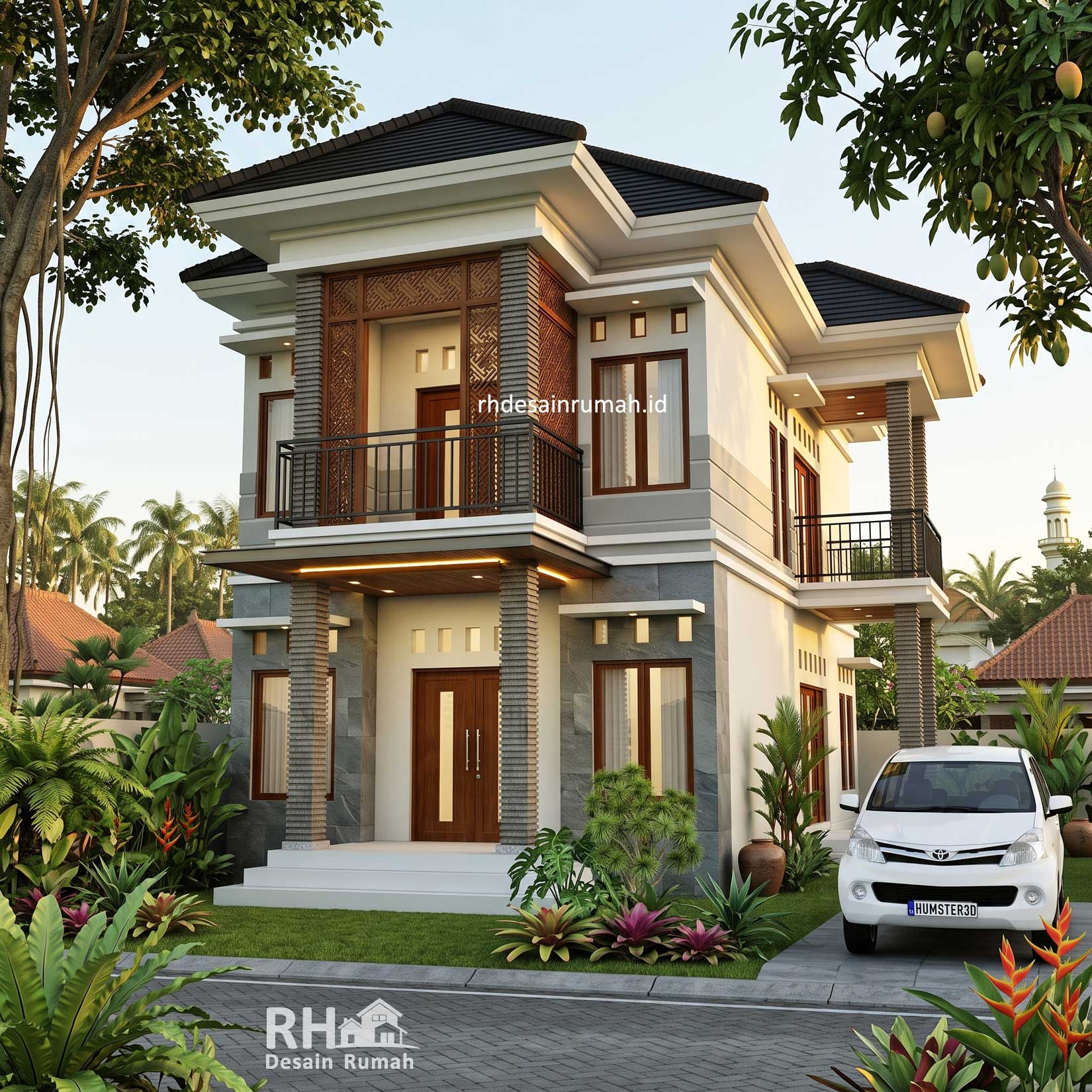desain rumah minimalis klasik megah di desa dan pilar batu alam