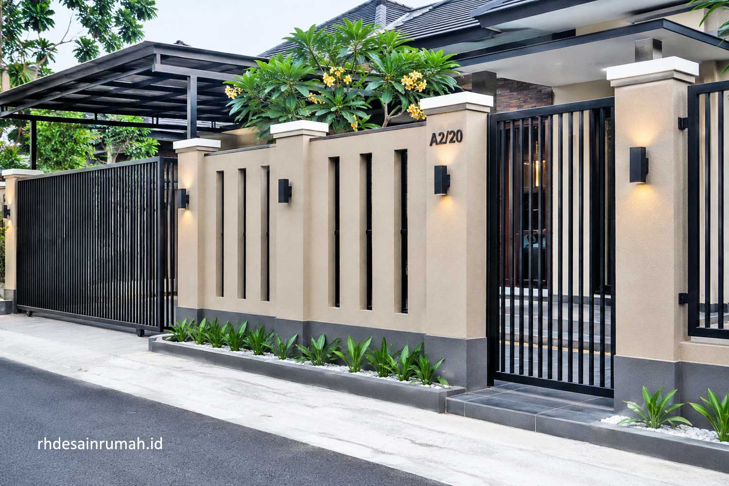 ornamen pagar rumah dengan lampu dinding