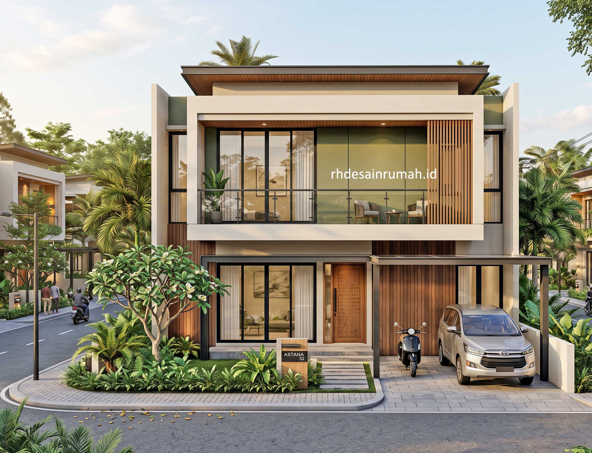rumah modern bentuk kotak krem kaca lebar