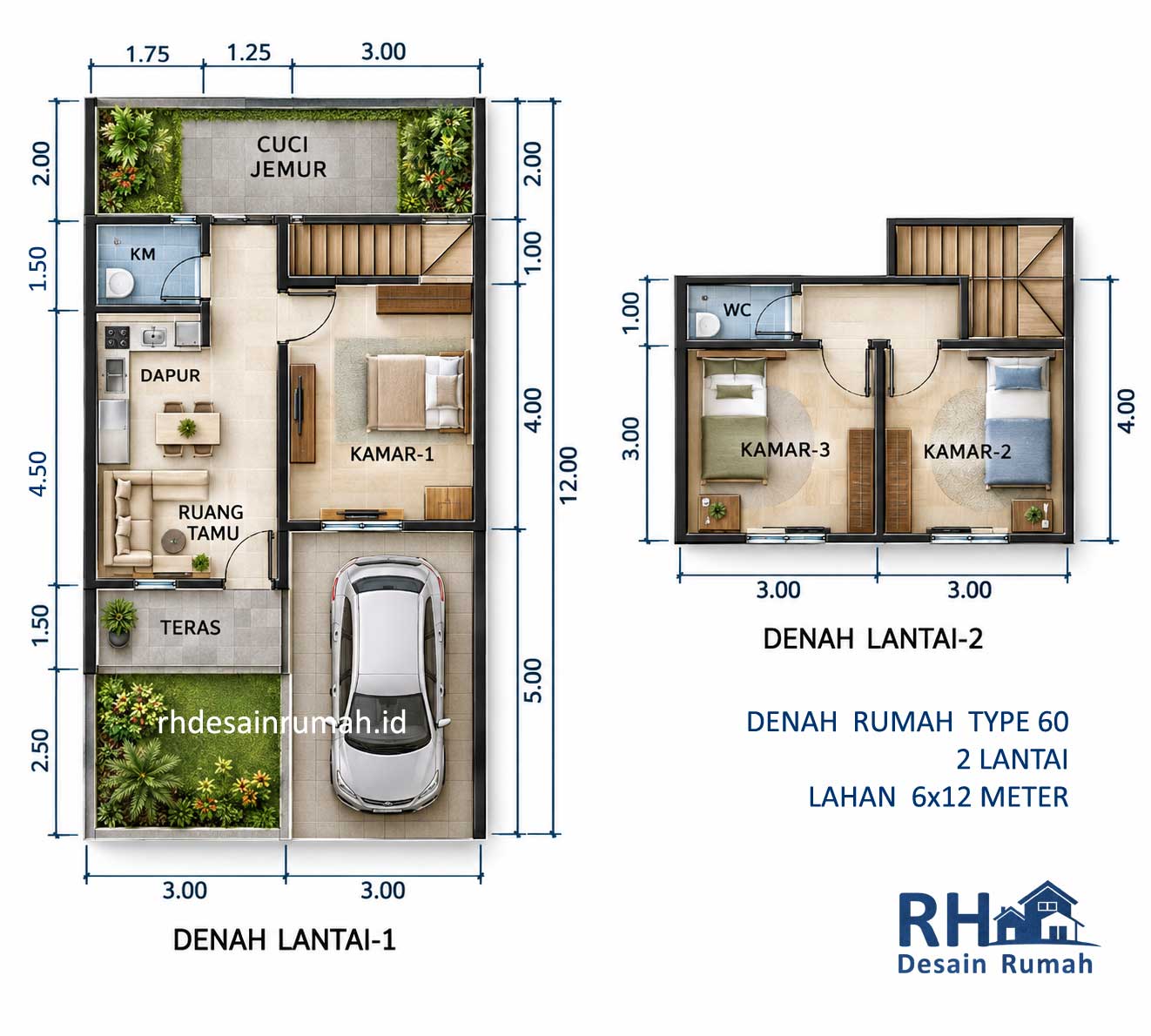 denah rumah type 60 bisa dibuat 2 lantai